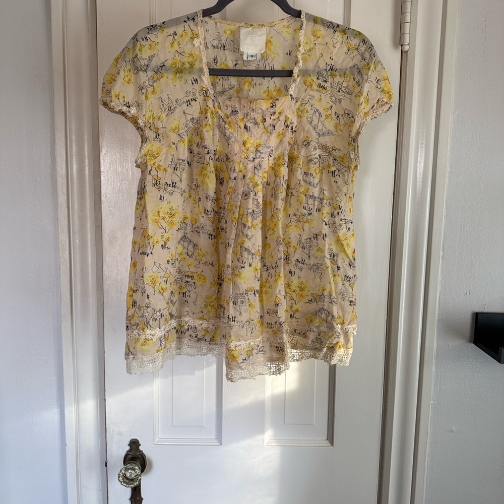 Anna Sui Yellow and White Floral Blouse